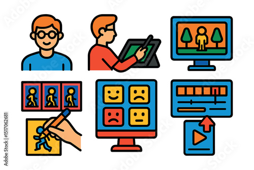 Flat vector icons of animator profession: animator character, working with stylus, drawing frames, reviewing scene, animating expressions, adjusting timeline, sketching key poses, export project.