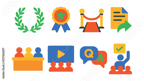 Flat vector icons of animation festivals and events: laurel wreath, festival badge, red carpet, entry submission icon, judges panel, screening room, Q&A icon, audience vote.