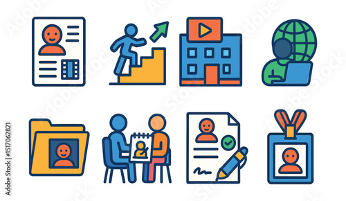 Flat vector icons of animation career and job path: animator resume, career ladder, animation studio building, freelancing icon, art portfolio folder, job interview with sketchpad, commission icon,