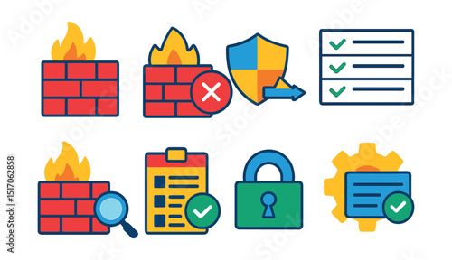 Flat vector icons of firewalls and network defense: firewall wall, blocked access, intrusion prevention, firewall rules, traffic scanner, firewall logs, secure gateway, rule configuration.