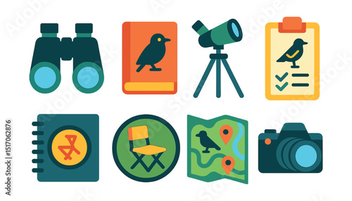 Flat vector icons of birdwatching gear: binoculars icon, bird guidebook, spotting scope on tripod, bird checklist sheet, observation notebook, folding chair badge, nature map for birds, camera with