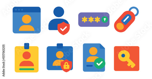Flat vector icons of authentication methods: login screen, user authentication, password prompt, security token, user badge, secure sign-in, account verification, access request.