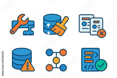 Flat vector icons of data cleaning and processing: data wrangling tool, cleaning brush on database, remove duplicates icon, normalize values symbol, missing data alert, transformation pipeline, data