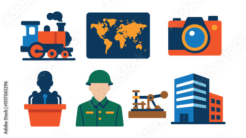 Flat vector icons of modern history: steam locomotive, world map, industrial gear, early camera, political speech, 20th century uniform, telegram device, modernist building.