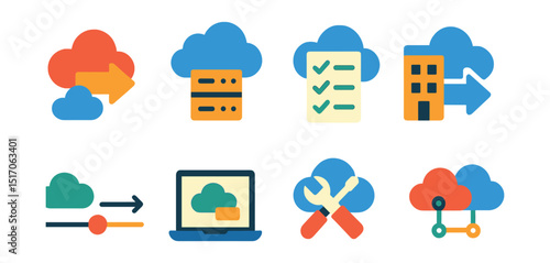 Flat vector icons of cloud migration and deployment: data migration arrow, lift-and-shift icon, migration checklist, on-prem to cloud symbol, deployment timeline, staging environment, migration tools