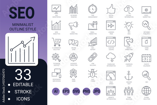 Seo editable stroke – outline web icon set for search engine optimization and website analytics