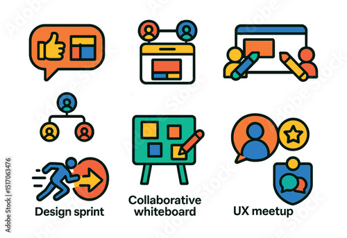 Flat vector icons of community and collaboration: design feedback icon, shared prototype, team workflow chart, co-editing screen, collaborative whiteboard, peer review bubble, design sprint icon, UX