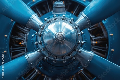 A detailed close-up of a vintage airplane propeller with its blue blades and intricate silver hub, showcasing engineering.