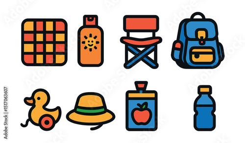 Flat vector icons of outdoor trips with kids: picnic mat, child sunblock, foldable chair, kids backpack, travel toy, outdoor hat, snack pack, mini water bottle.