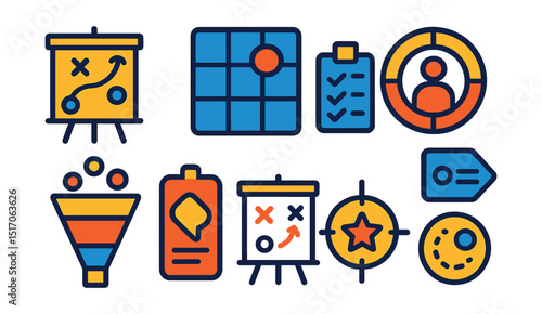 Flat vector icons of branding strategy and positioning: strategy chart icon, positioning map, brand audit checklist, target niche symbol, branding funnel, strategy board icon, core message tag,