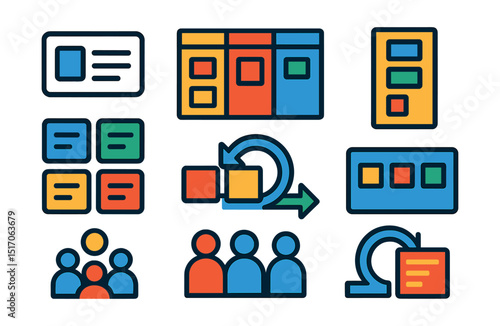 Flat vector icons of collaborative tasks and project boards: task card icon, project board, Kanban column, Scrum task set, Agile workflow, sticky notes on board, daily standup icon, sprint planning.