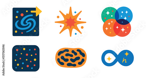 Flat vector icons of space and universe themes: expanding universe, big bang symbol, milky way spiral, multiverse concept, deep field view, cosmic microwave background, universal constants, infinite