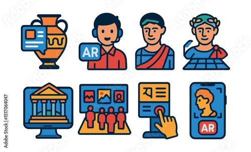 Flat vector icons of AR in museums and culture: artifact info overlay, AR tour guide icon, historical figure in AR, cultural site reconstruction, virtual gallery, interactive exhibition panel,