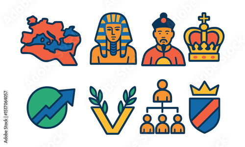 Flat vector icons of empires and dynasties: Roman Empire map, pharaoh dynasty, Chinese dynasty icon, imperial crown, empire expansion arrow, royal emblem, ruling family tree, noble crest.