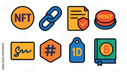 Flat vector icons of digital tokens and blockchain: NFT token icon, blockchain chain link, smart contract symbol, minting button, digital signature, asset hash icon, token ID tag, crypto ledger.