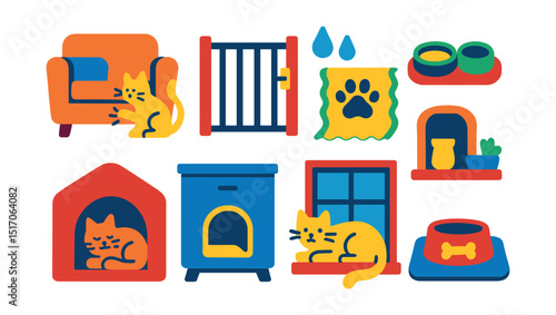Flat vector icons of pet-friendly interiors: scratch-proof couch, pet gate, washable rug, feeding corner, cozy nook, litter box cabinet, window perch, anti-slip mat.