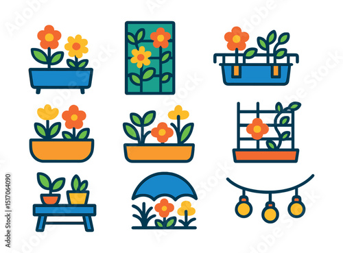 Flat vector icons of outdoor and patio gardens: patio planter, vertical garden, balcony rail pot, container garden, trellis setup, outdoor table plants, shade garden, patio light decor.