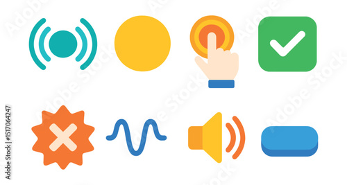 Flat vector icons of AR interaction feedback: vibration ripple icon, highlight glow, click pulse animation, icon with success checkmark, incorrect red flash, haptic wave symbol, visual sound cue,