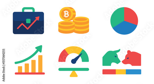 Flat vector icons of crypto investment: portfolio graph, coin stack, ROI meter, diversification pie chart, long-term growth arrow, investment risk scale, bull vs bear icon, token allocation bar.