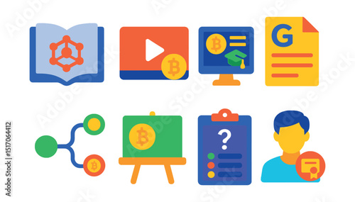 Flat vector icons of crypto education and learning: open book with blockchain icon, tutorial video play button, online crypto course, glossary page, learning path chart, whiteboard with coin, crypto