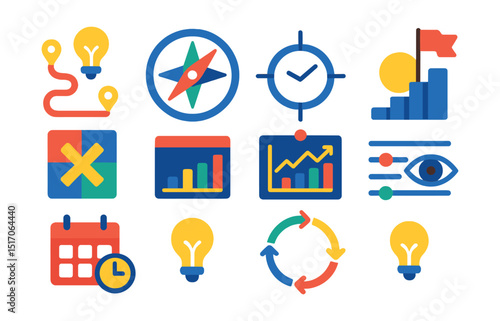 Flat vector icons of innovation strategy and planning: roadmap to innovation, strategic compass icon, future goals path, opportunity matrix, innovation KPI board, vision alignment chart, long-term