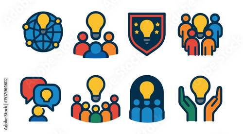 Flat vector icons of innovation communities and networks: global idea network, innovation meetup icon, crowdsource badge, innovation challenge group, peer collaboration bubble, idea pitch community,