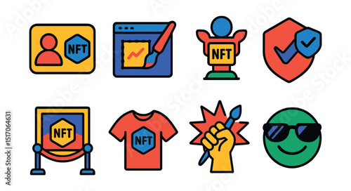 Flat vector icons of NFT and culture: token as identity, digital art movement icon, cultural symbol NFT, creator-owned badge, NFT exhibition icon, fashion in NFTs, art revolution icon, crypto culture