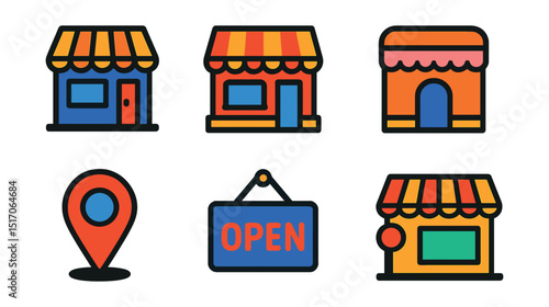 Flat vector icons of stores and shops: storefront icon, local shop, mall unit, boutique facade, retail location pin, open/close sign, pop-up store, concept store.