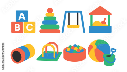 Flat vector icons of play and recreation: blocks, stacking rings, swing, sandbox, crawling tunnel, play mat, ball pit, outdoor toys.