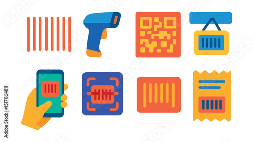 Flat vector icons of barcodes and scanning: barcode icon, handheld scanner, QR code, shelf label, scan and go, scanner app, UPC symbol, scan receipt.