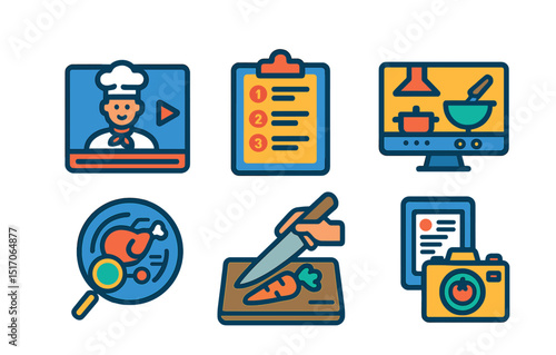 Flat vector icons of culinary tutorials: chef video, step-by-step board, virtual kitchen, hand with knife, annotated dish, online cooking course, food camera, recipe walkthrough.