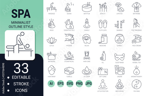 Spa and massage line icons – wellness, sauna, self-care, candle, and more. editable stroke vector set