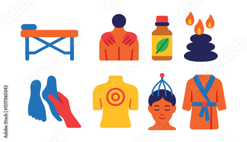 Flat vector icons of massage and body care: massage table, back massage icon, essential oil bottle, warm stones, foot massage, pressure point, head massage, spa robe.