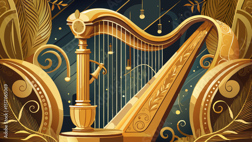 Golden strings and carved wooden frame of a concert harp captured in elegant close-up—conveying grace, tradition, and harmony in a refined and peaceful illustration.