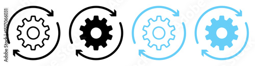 Set of gear and refresh icons in black and blue. Mechanical settings, process, update, synchronization, system configuration, technical support symbol. Flat isolated vector Illustration.