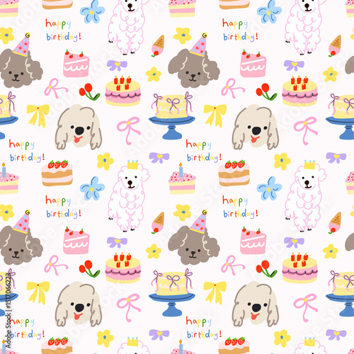 Photography Seamless Cute Birthday Pattern with Dogs, Cakes, and Party Elements on White Bac