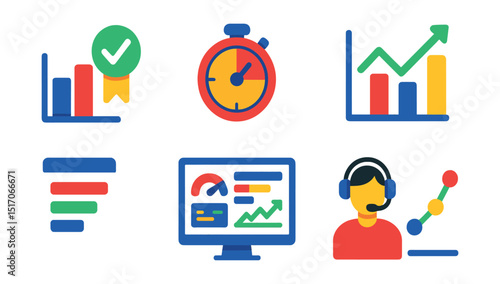 Flat vector icons of analytics and performance metrics: service analytics chart, resolution rate badge, average response time, support load graph, ticket volume report, KPI dashboard, agent