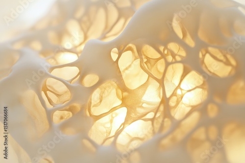 A close-up, abstract image of a porous, light-colored structure, seemingly organic, illuminated from behind to create a soft and inviting texture.