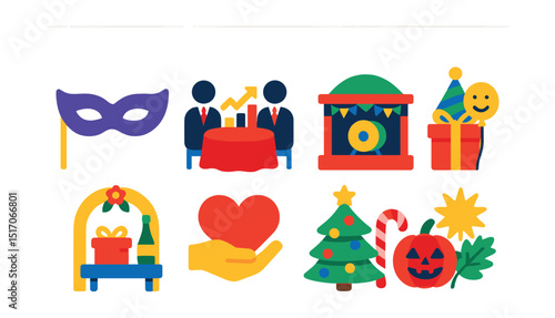 Flat vector icons of themed events and special occasions: masquerade mask, corporate gala icon, cultural festival stage, kids’ birthday party, bridal shower setup, charity fundraiser badge, holiday