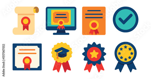 Flat vector icons of certificates and diplomas: certificate scroll icon, digital diploma badge, course completion icon, verification stamp, printable certificate, graduation ribbon, academic