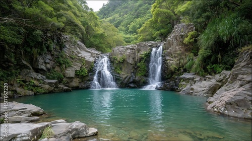 Twin waterfalls flow into a turquoise pool, surrounded by lush rainforest. Nature's serene beauty in a tropical paradise.