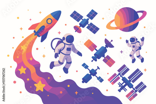 Colorful space scene with a rocket flying through the sky