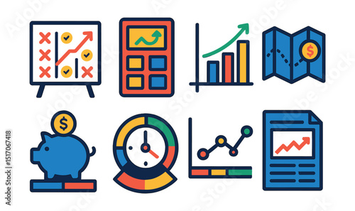 Flat vector icons of financial planning and forecasting: goal planning board, future value calculator, investment projection chart, strategic financial map, savings milestone icon, time horizon dial,