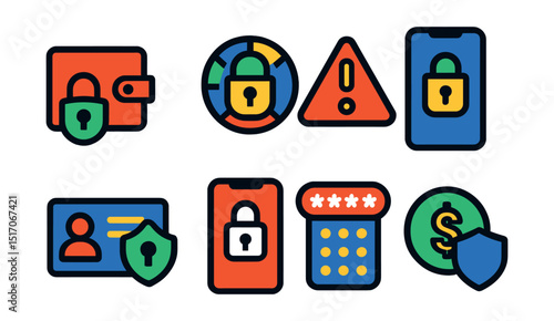 Flat vector icons of security and fraud protection: lock on wallet icon, encrypted payment badge, fraud alert symbol, secure transaction screen, identity verification icon, secure login app, PIN pad,
