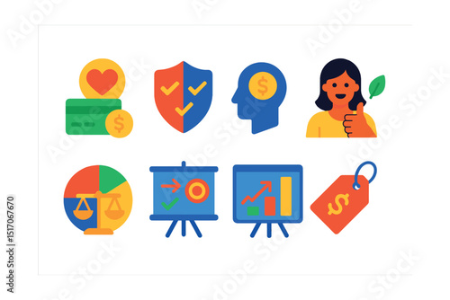 Flat vector icons of lifestyle and finance alignment: value-based spending icon, aligned priorities badge, mindful money symbol, frugal lifestyle icon, balanced finance pie, aligned goals board,