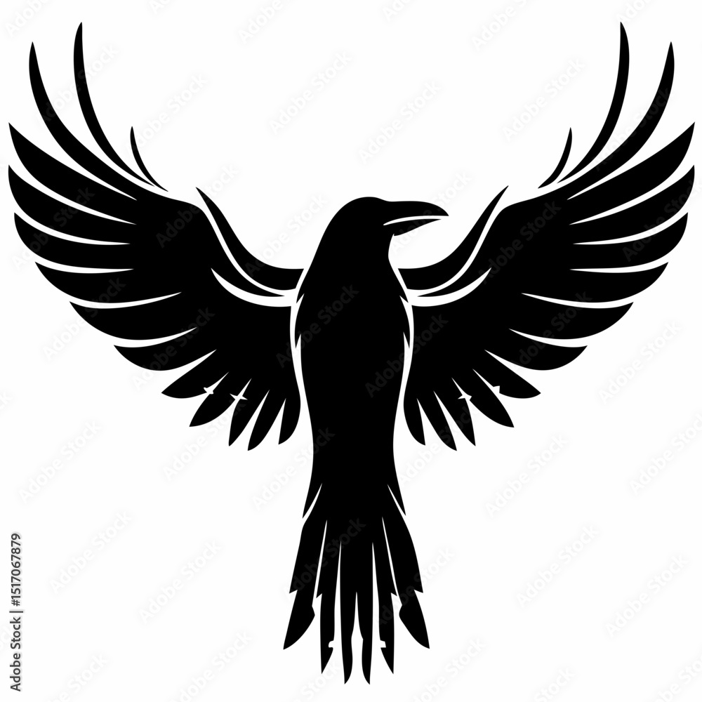 Fototapeta premium Black raven flying wings spread vector illustration for logo design and tattoo art and graphic design use
