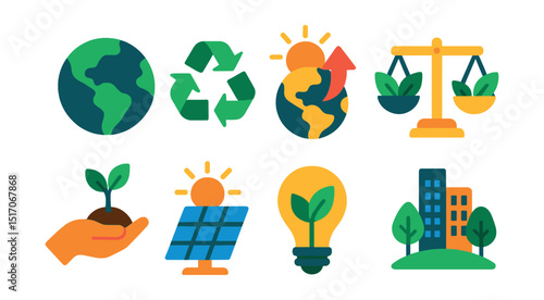 Flat vector icons of environment and sustainability: green earth icon, recycling badge, climate change symbol, tree planting hand, solar panel roof, clean energy icon, sustainable city, environmental