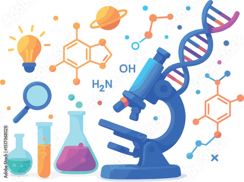 Blue microscope is surrounded by various scientific instruments and chemicals