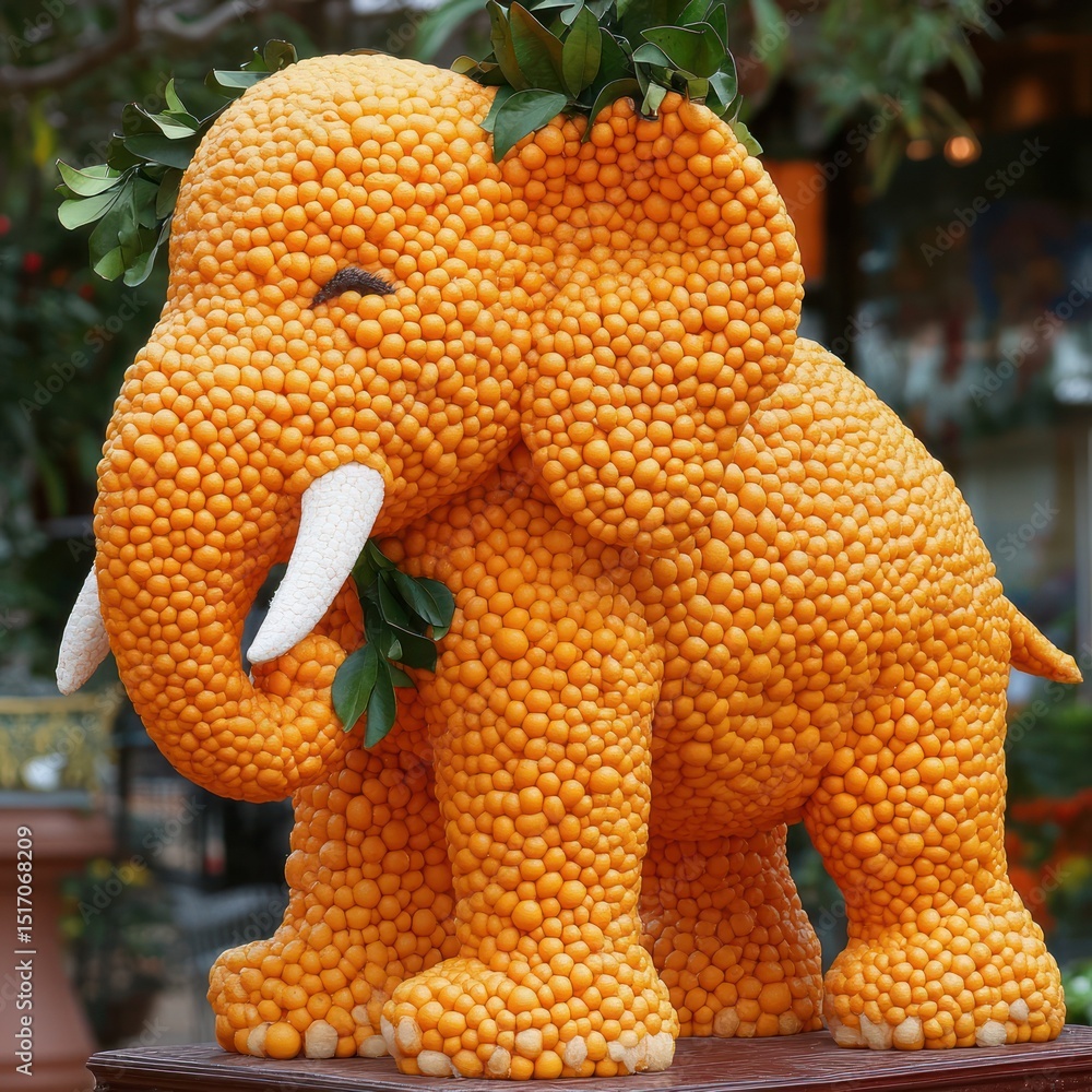 Fototapeta premium Orange elephant sculpture, studded with small oranges