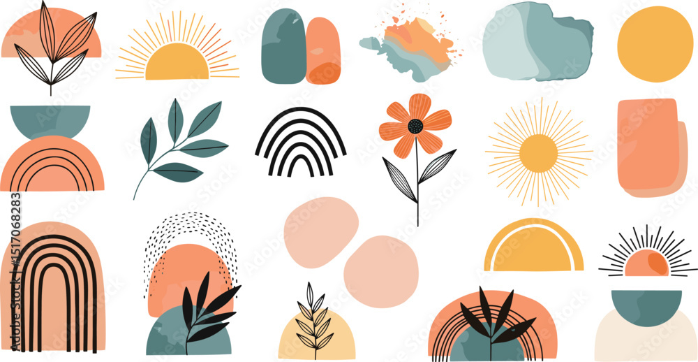 Abstract art shapes and spots. Minimalism. Vector illustrations of dots, sketch of sun, leaf, abstraction, strokes, texture, uneven lines, icons, paint strokes for banner, interior poster or design Abstract art shapes and spots. Minimalism. Vector illustrations of dots, sketch of sun, leaf, abstraction, strokes, texture, uneven lines, icons, paint strokes for banner, interior poster or design
